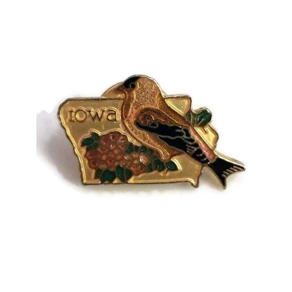Jewelry - Vintage Iowa State Bird Flower Lapel Pin American Goldfinch Wild Prairie Rose
